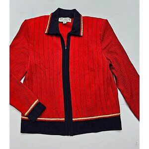 Vintage St. John Collection Santana Knit Jacket – Size 6 – Red/Navy Zip Cardigan
